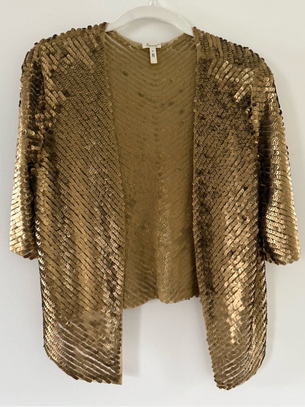 Flounce Gold Sequin Open Front Jacket Cropped Party Cardigan XS